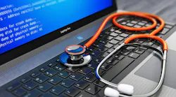 Computer bug, virus and service, repair and maintenance technology concept: 3D render of business laptop or notebook PC with error message on blue screen BSOD and red medical stethoscope on keyboard