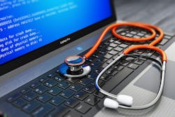 Computer bug, virus and service, repair and maintenance technology concept: 3D render of business laptop or notebook PC with error message on blue screen BSOD and red medical stethoscope on keyboard Computer bug, virus and service, repair and maintenance technology concept: 3D render of business laptop or notebook PC with error message on blue screen BSOD and red medical stethoscope on keyboard