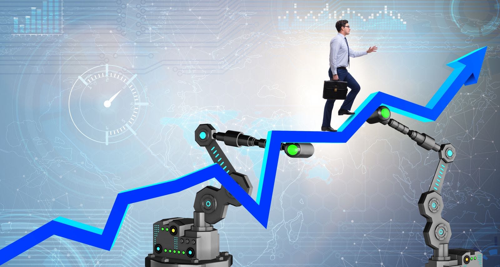 Businessman walking up the chart supported by robotic arm