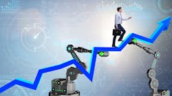 Businessman walking up the chart supported by robotic arm Businessman walking up the chart supported by robotic arm
