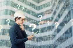 Puzzled engineer wearing protective helmet using a tablet computer gadget looking thoughtful to get answer to many questions. Science searching and interrogation virtual marks. Modern technology. Puzzled engineer wearing protective helmet using a tablet computer gadget looking thoughtful to get answer to many questions. Science searching and interrogation virtual marks. Modern technology.