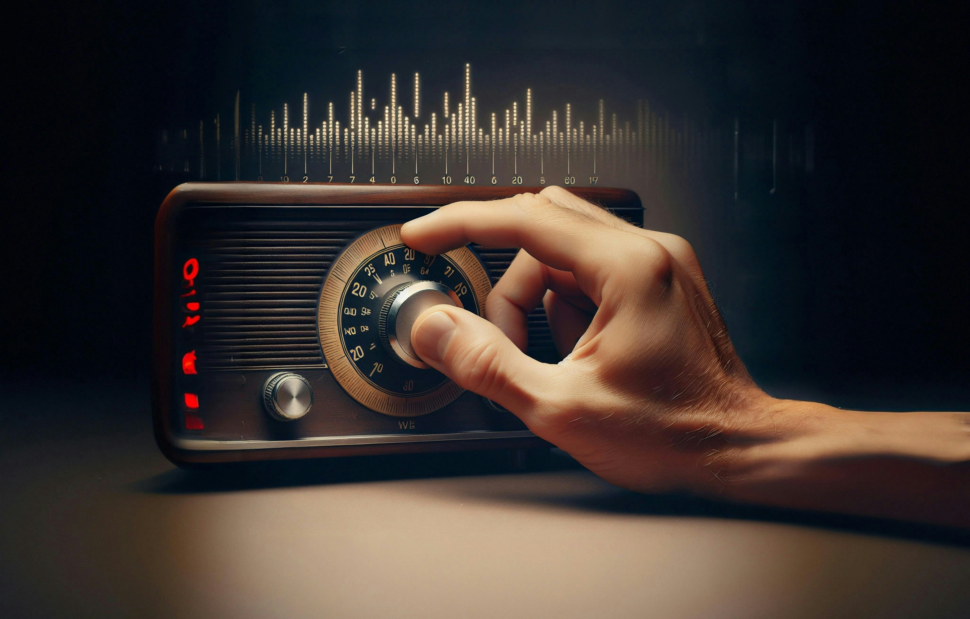 Hand tuning an old-style radio knob on a dark background