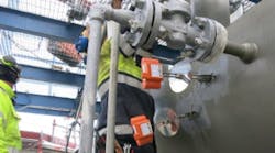 Figure 1: To better track and trace corrosion at the top of a distillation volume at its Lysekil refinery, Sweden-based Preem deployed Rosemount Wireless Corrosion and Erosion transmitters near pressure-relief valves, found that high corrosion periods (red line) were correlated with crude slate blending (green lines), re-replaced a broken injection quill to eliminate the corrosion, and implemented continuous monitoring to quickly identify any reoccurrence. Figure 1: To better track and trace corrosion at the top of a distillation volume at its Lysekil refinery, Sweden-based Preem deployed Rosemount Wireless Corrosion and Erosion transmitters near pressure-relief valves, found that high corrosion periods (red line) were correlated with crude slate blending (green lines), re-replaced a broken injection quill to eliminate the corrosion, and implemented continuous monitoring to quickly identify any reoccurrence.