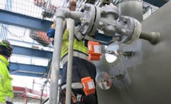 Figure 1: To better track and trace corrosion at the top of a distillation volume at its Lysekil refinery, Sweden-based Preem deployed Rosemount Wireless Corrosion and Erosion transmitters near pressure-relief valves, found that high corrosion periods (red line) were correlated with crude slate blending (green lines), re-replaced a broken injection quill to eliminate the corrosion, and implemented continuous monitoring to quickly identify any reoccurrence. Figure 1: To better track and trace corrosion at the top of a distillation volume at its Lysekil refinery, Sweden-based Preem deployed Rosemount Wireless Corrosion and Erosion transmitters near pressure-relief valves, found that high corrosion periods (red line) were correlated with crude slate blending (green lines), re-replaced a broken injection quill to eliminate the corrosion, and implemented continuous monitoring to quickly identify any reoccurrence.