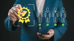 Man approving quality candidate profiles through digital selection system Man approving quality candidate profiles through digital selection system