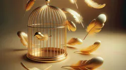 A gold bird breaking free of a gold cage surrounded by gold feathers