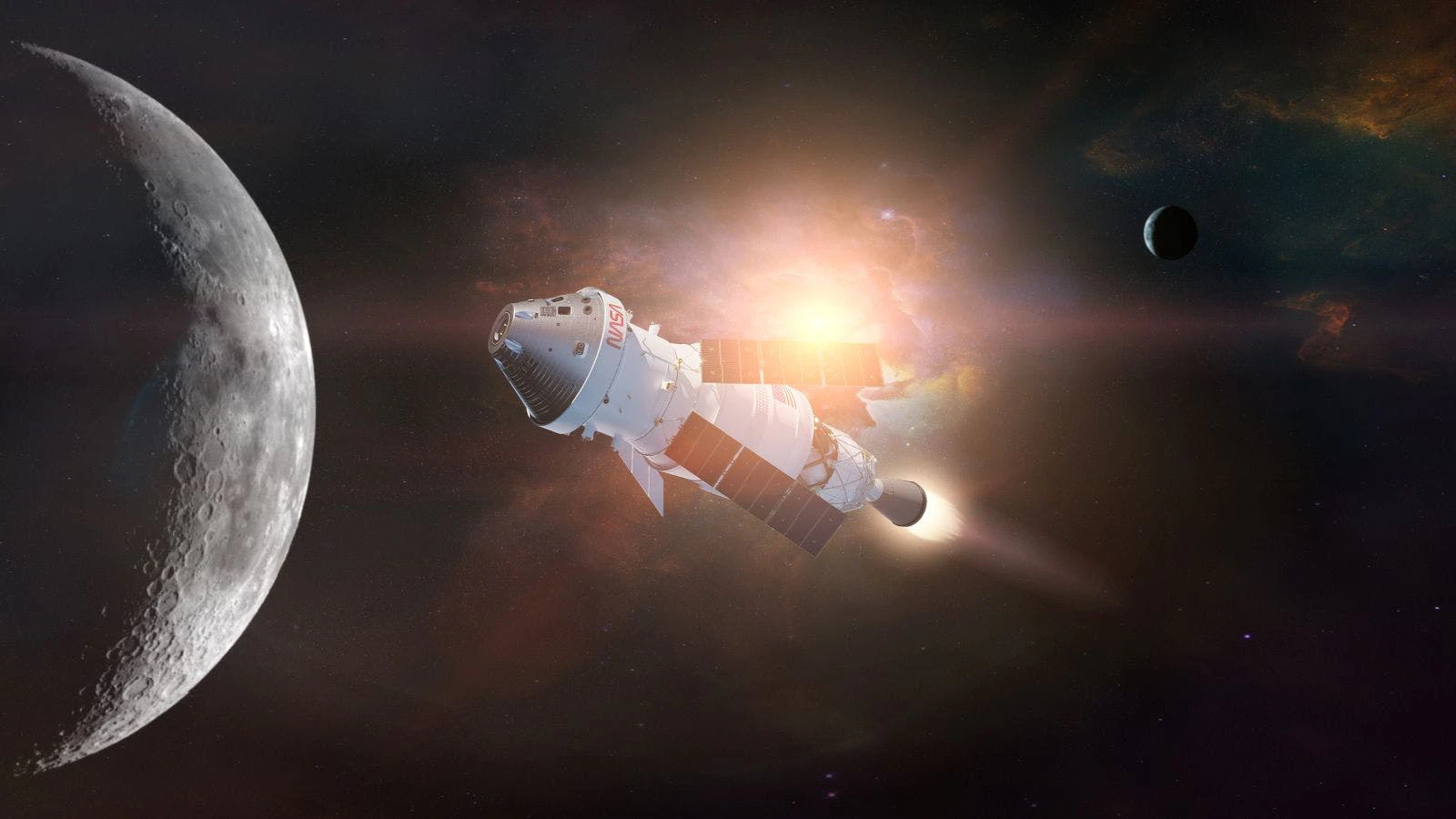 Exterior shot of NASA's Orion spacecraft orbiting the moon