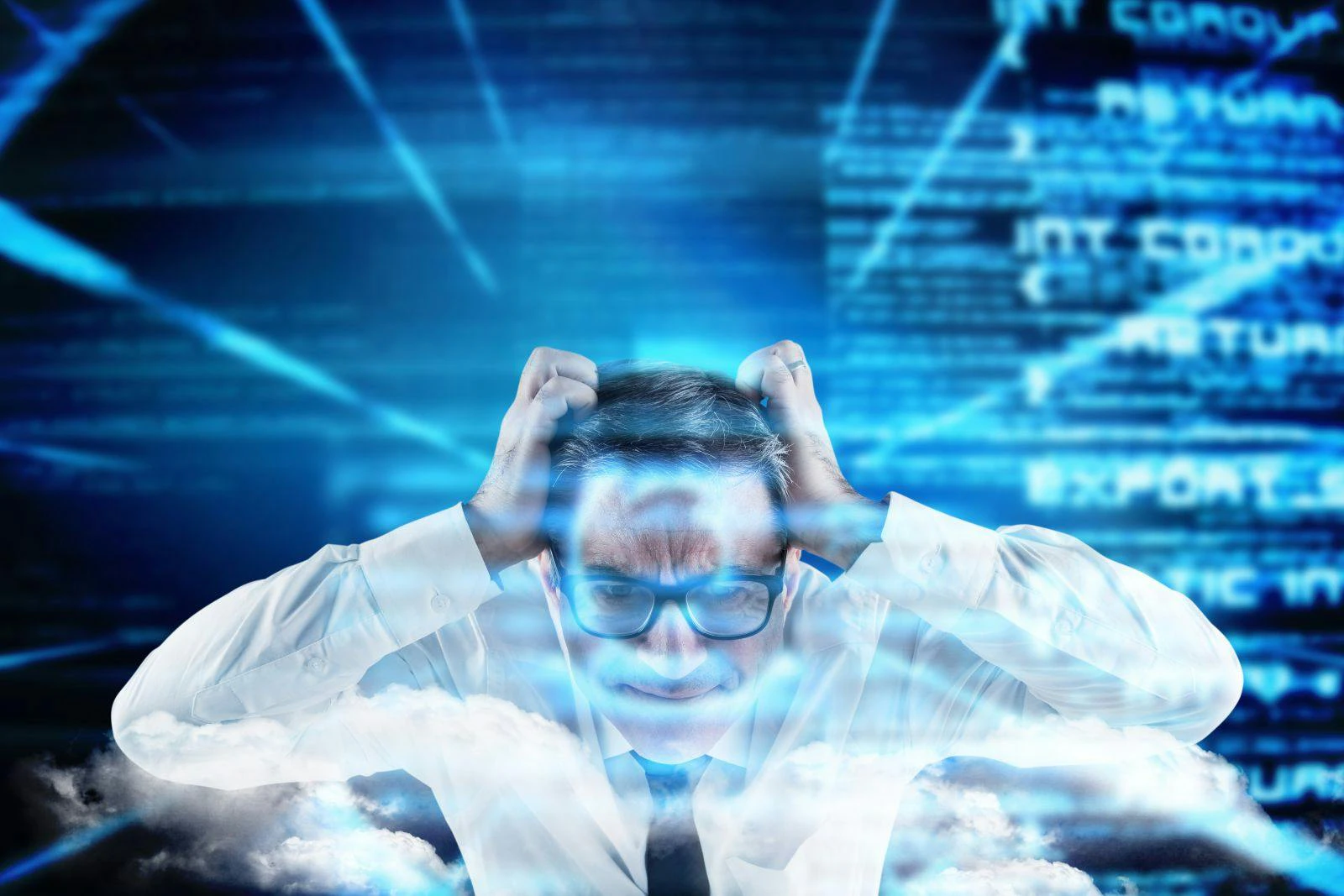 Stressed businessman touching his head against abstract blue digital background.