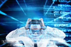 Stressed businessman touching his head against abstract blue digital background. Stressed businessman touching his head against abstract blue digital background.