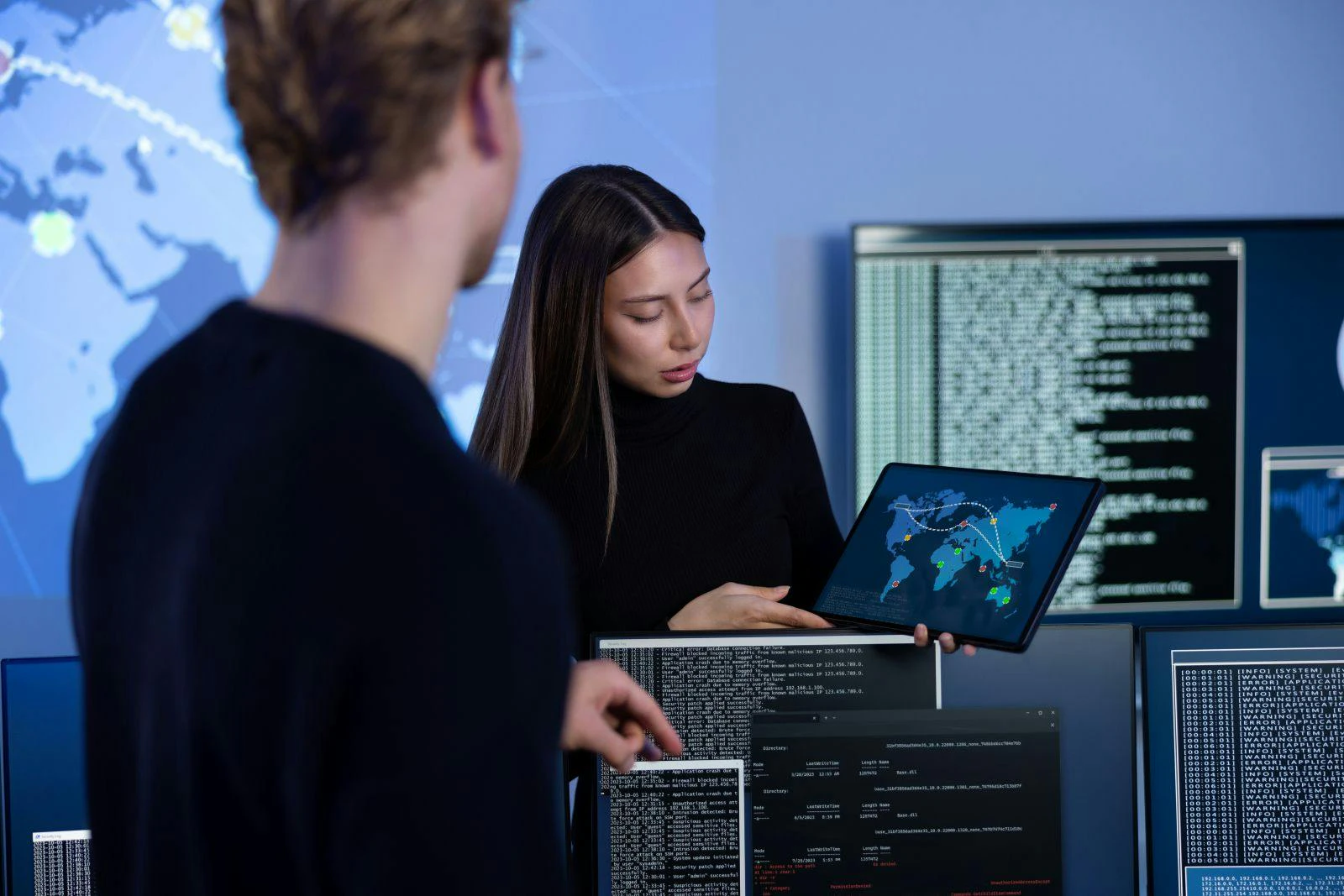 Cybersecurity team working in a Cyber Security Operations Center to protect systems and technologies