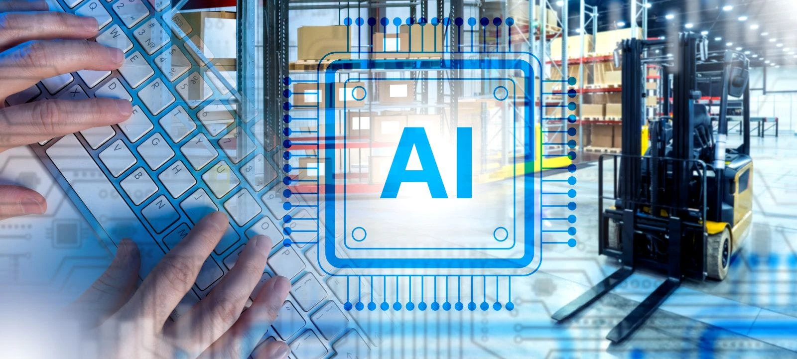 Hands typing on keyboard, AI symbol, warehouse with forklift in background, concept of artificial intelligence in logistics, automation, supply chain.