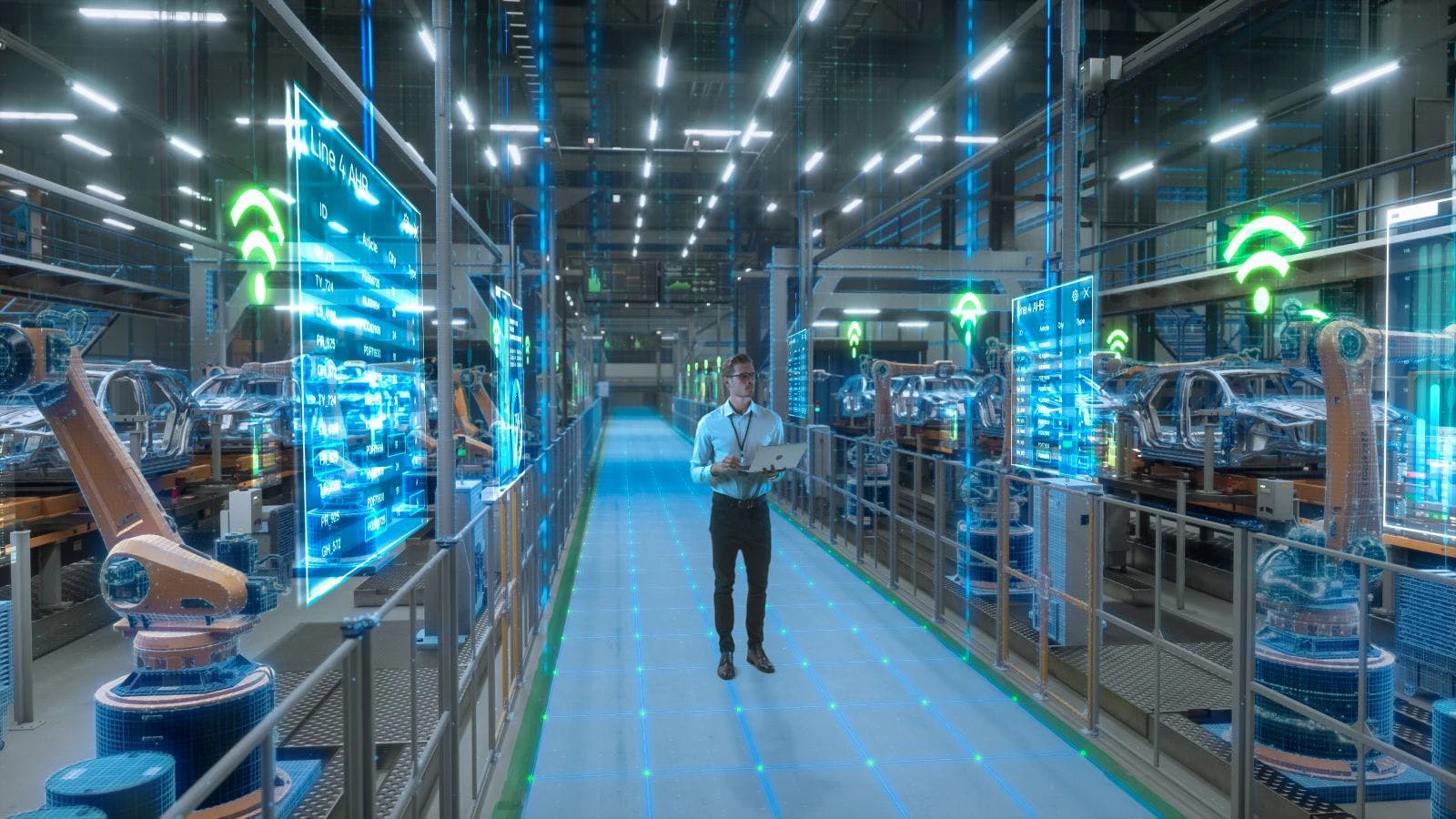 Engineer With Laptop Activates Autonomous EV Factory Digitization. Visualization Shows Robotic Arms, Assembly Line, Digital Twin Lines of Data, Computer Vision Transformation Manufacturing Technology