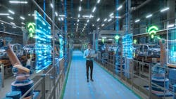 Engineer With Laptop Activates Autonomous EV Factory Digitization. Visualization Shows Robotic Arms, Assembly Line, Digital Twin Lines of Data, Computer Vision Transformation Manufacturing Technology Engineer With Laptop Activates Autonomous EV Factory Digitization. Visualization Shows Robotic Arms, Assembly Line, Digital Twin Lines of Data, Computer Vision Transformation Manufacturing Technology