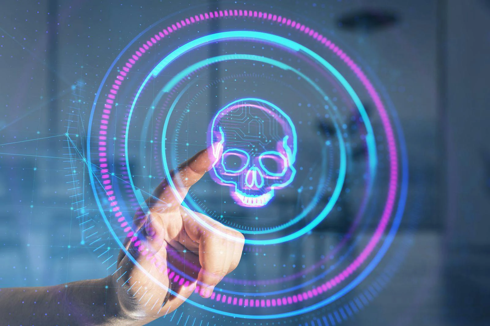 Close up of male hand pointing at creative digital round skull hologram on blurry office interior background.