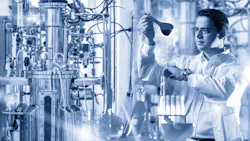 Black and white image of a scientist looking at a test tube in a laboratory Black and white image of a scientist looking at a test tube in a laboratory