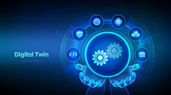 Digital twin business and industrial process modelling technology concept on virtual screen. Innovation and optimisation. Digital twin icon in wireframe hands. Vector illustration. Digital twin business and industrial process modelling technology concept on virtual screen. Innovation and optimisation. Digital twin icon in wireframe hands. Vector illustration.