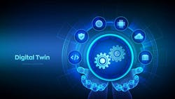 Digital twin business and industrial process modelling technology concept on virtual screen. Innovation and optimisation. Digital twin icon in wireframe hands. Vector illustration. Digital twin business and industrial process modelling technology concept on virtual screen. Innovation and optimisation. Digital twin icon in wireframe hands. Vector illustration.