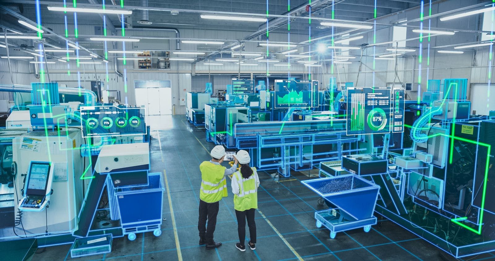 Factory Digitalization: Two Industrial Engineers Use Tablet Computer, Big Data Statistics Visualization, Optimization of High-Tech Electronics Facility. Industry Four Machinery Manufacturing Products
