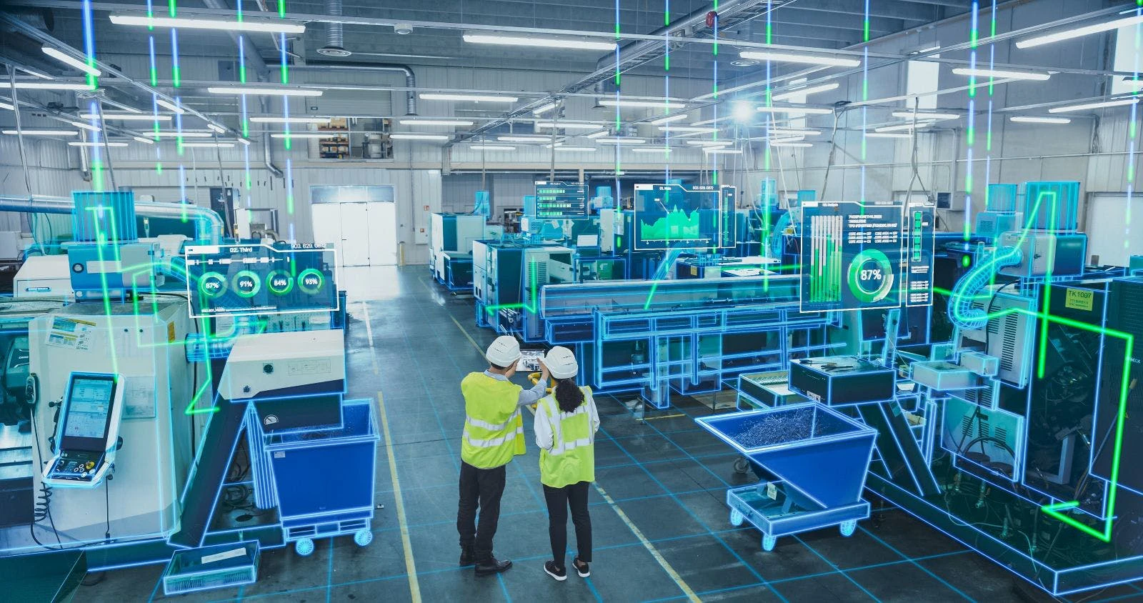 Factory Digitalization: Two Industrial Engineers Use Tablet Computer, Big Data Statistics Visualization, Optimization of High-Tech Electronics Facility. Industry Four Machinery Manufacturing Products