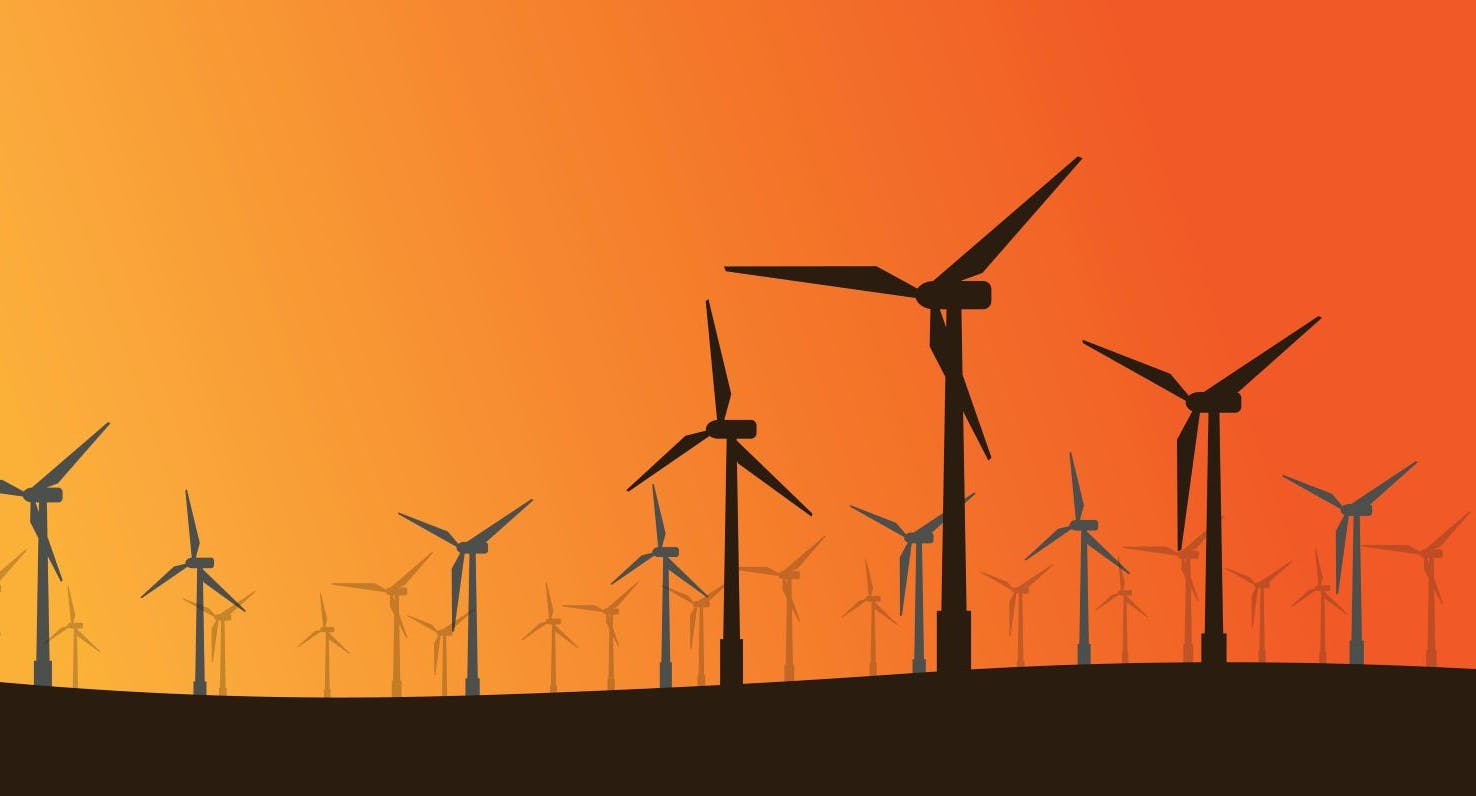 Silhouette of wind turbines at sunset, renewable energy farm and sustainable power concept illustration.