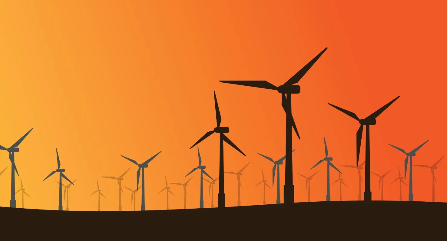 Silhouette of wind turbines at sunset, renewable energy farm and sustainable power concept illustration.