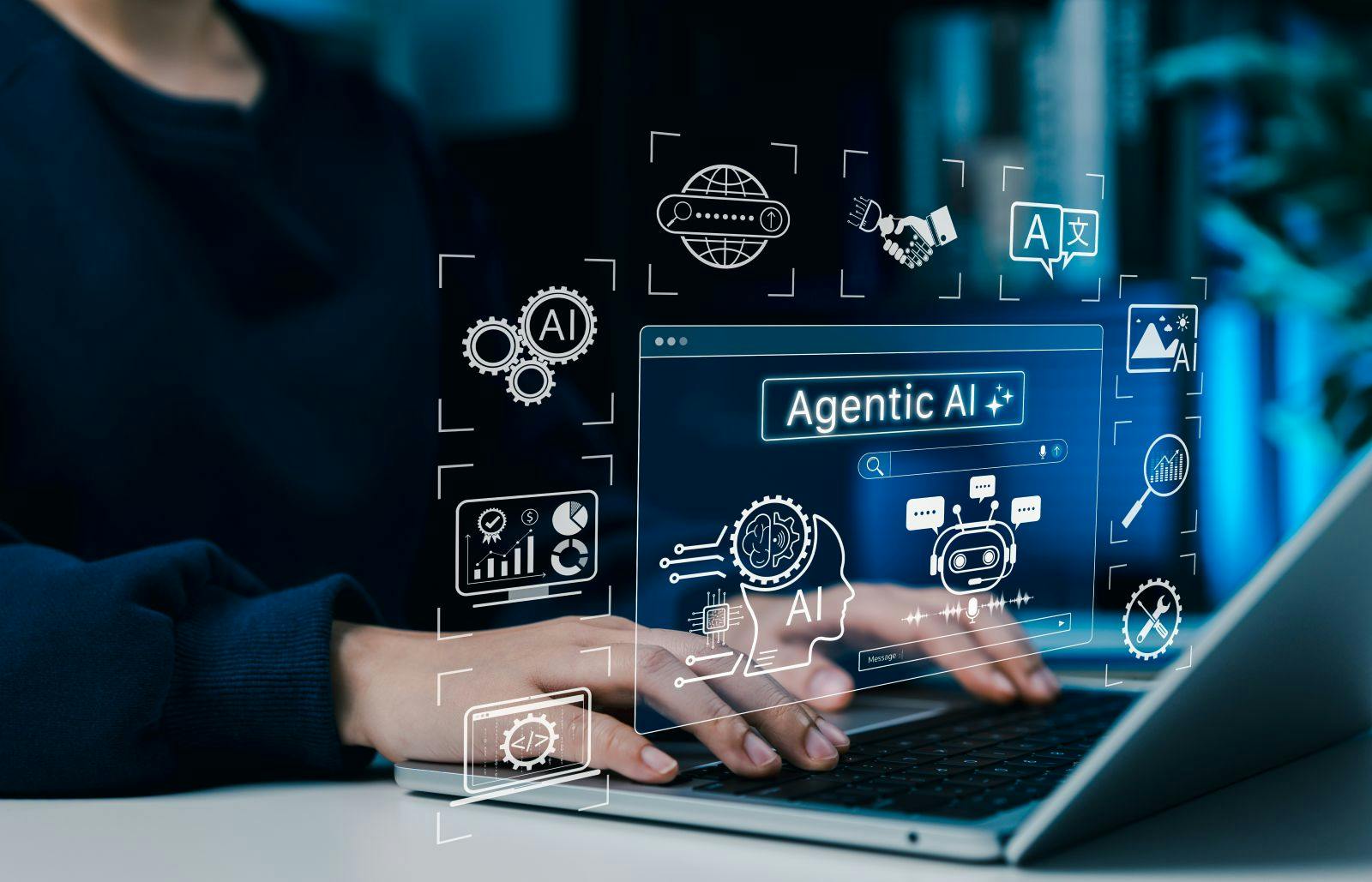 Agentic AI technology concept. Woman using laptop with artificial intelligence interface, machine learning, automation tools, data analysis and smart autonomous systems for next-gen digital innovation