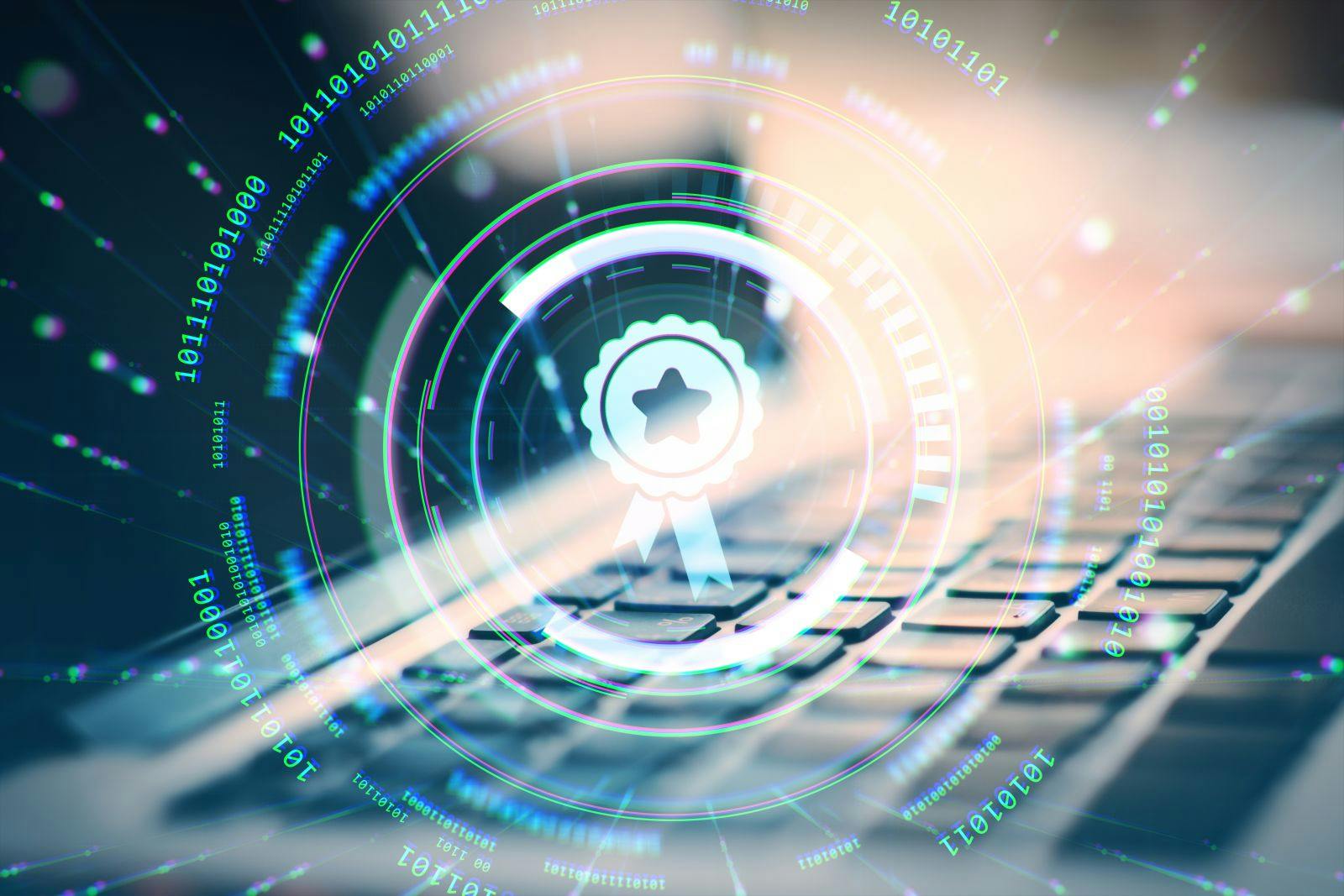 A glowing badge icon overlay on a laptop keyboard, with binary code and tech symbols on a light blurred background, representing digital certification