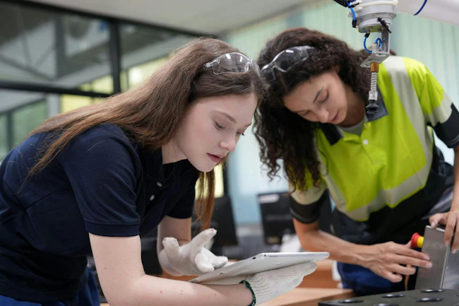 Two female engineers learn programming software for automated manufacturing technology and for use in the manufacturing industry and provides programming services for robotic welding machines