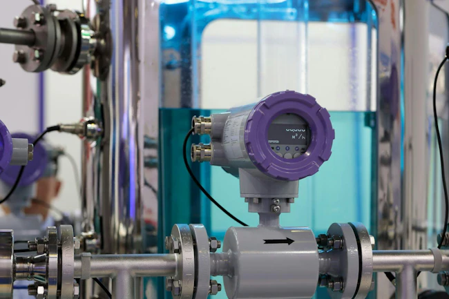 Industrial pipeline with digital flow rate meter.