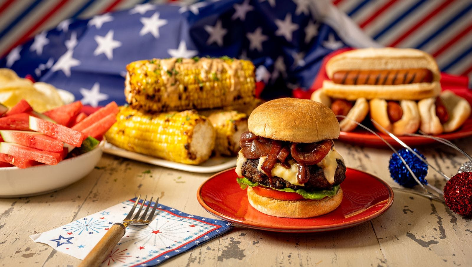 Memorial Day BBQ with hot dogs hamburgers and corn