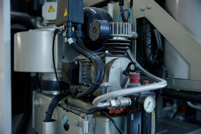 A detailed close up of a compressor machine featuring two gauges situated on it