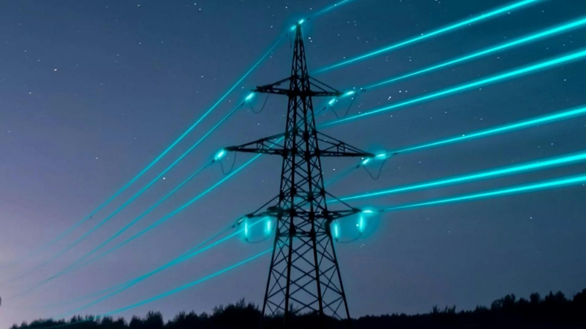 A grid tower on a twilight sky with bright blue energy passing through