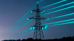 A grid tower on a twilight sky with bright blue energy passing through A grid tower on a twilight sky with bright blue energy passing through