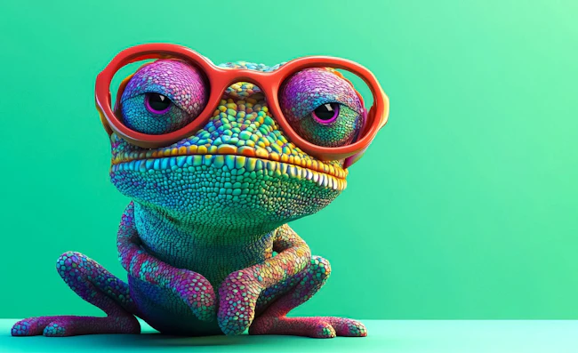 Funny multi-colored chameleon wearing glasses on a mint green background.