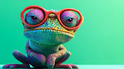 Funny multi-colored chameleon wearing glasses on a mint green background. Funny multi-colored chameleon wearing glasses on a mint green background.