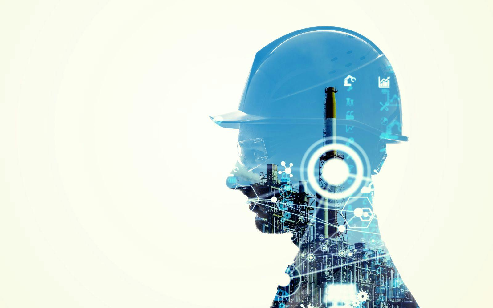 Collage of industrial technology images with silhouette of male engineer.