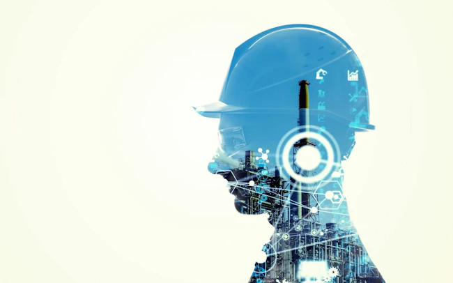 Collage of industrial technology images with silhouette of male engineer.