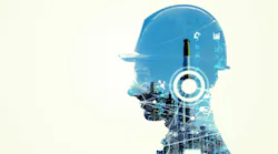 Collage of industrial technology images with silhouette of male engineer.