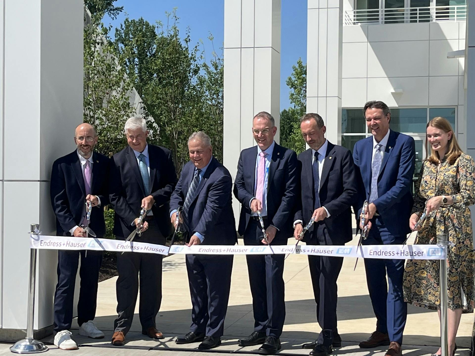 Dignitaries from Endress+Hauser, Eastern Control Inc., Edgmont Township, Pa, and The Norwood Company were on hand for the ribbon cutting ceremony. From left, Kevin Lavelle, general manager, Eastern Controls Inc.; Cliff McLaughlin, president, eastern Controls Inc.; Todd Lucey, general manager, Endress+Hauser USA; Dr. Peter Selders, CEO, Endress+Hauser; Steven Endress, president, supervisory board, Endress+Hauser; Eric Urbanski, vice president, The Norwood Company; and Annie Thorne, chair, Edgmont Township.