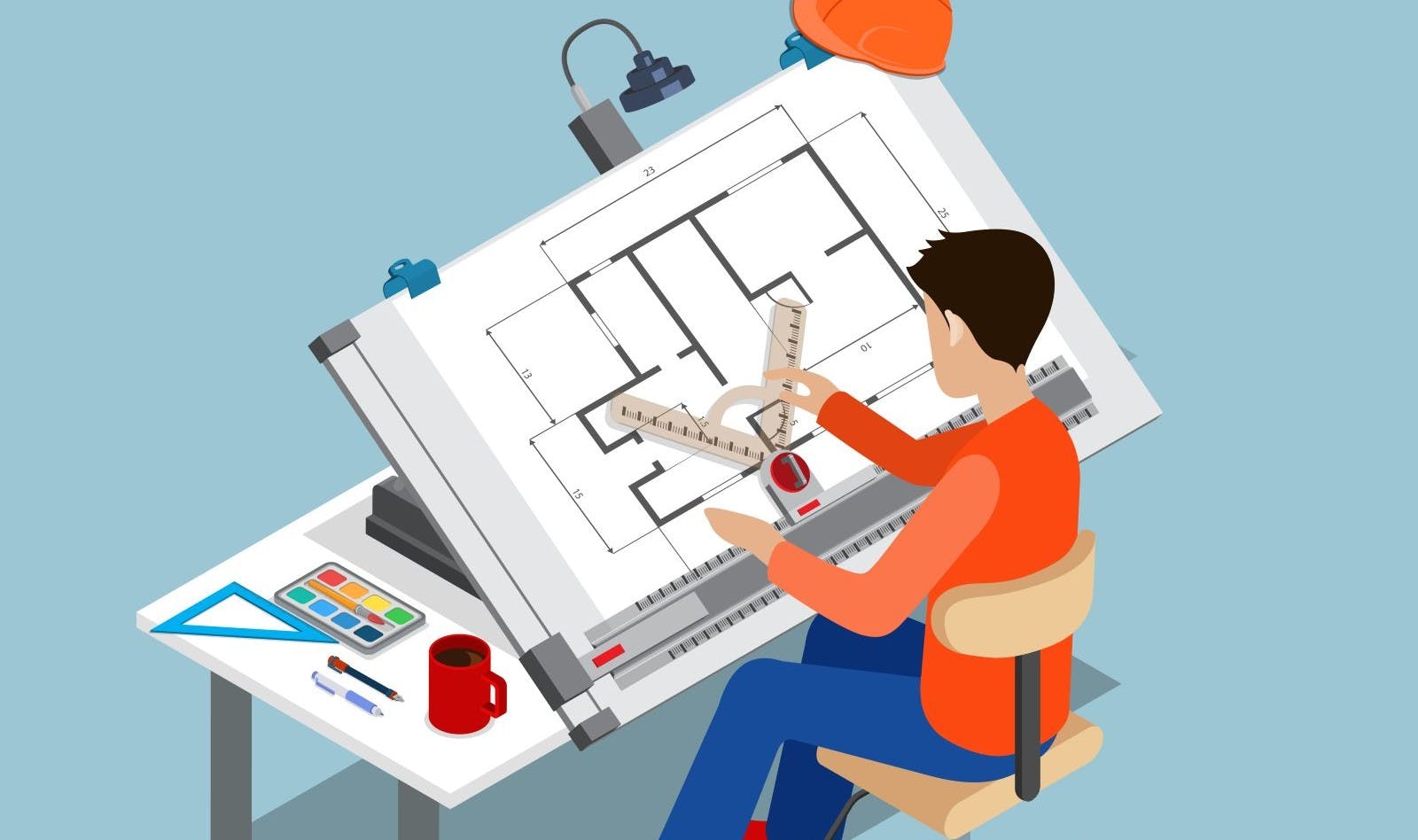 3d drawing architect board table multipurpose vector illustration. Man creator drafting. Architectural desk for sketching. Large sheet of paper, ruler architect workplace