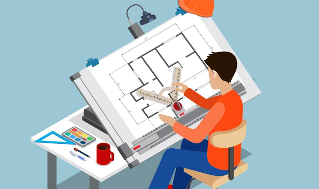 3d drawing architect board table multipurpose vector illustration. Man creator drafting. Architectural desk for sketching. Large sheet of paper, ruler architect workplace