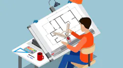 3d drawing architect board table multipurpose vector illustration. Man creator drafting. Architectural desk for sketching. Large sheet of paper, ruler architect workplace