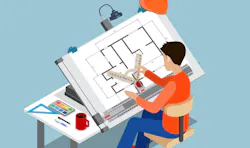 3d drawing architect board table multipurpose vector illustration. Man creator drafting. Architectural desk for sketching. Large sheet of paper, ruler architect workplace