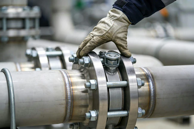 A worker wearing protective gloves carefully examines a secure flange joint on a large diameter industrial pipeline system