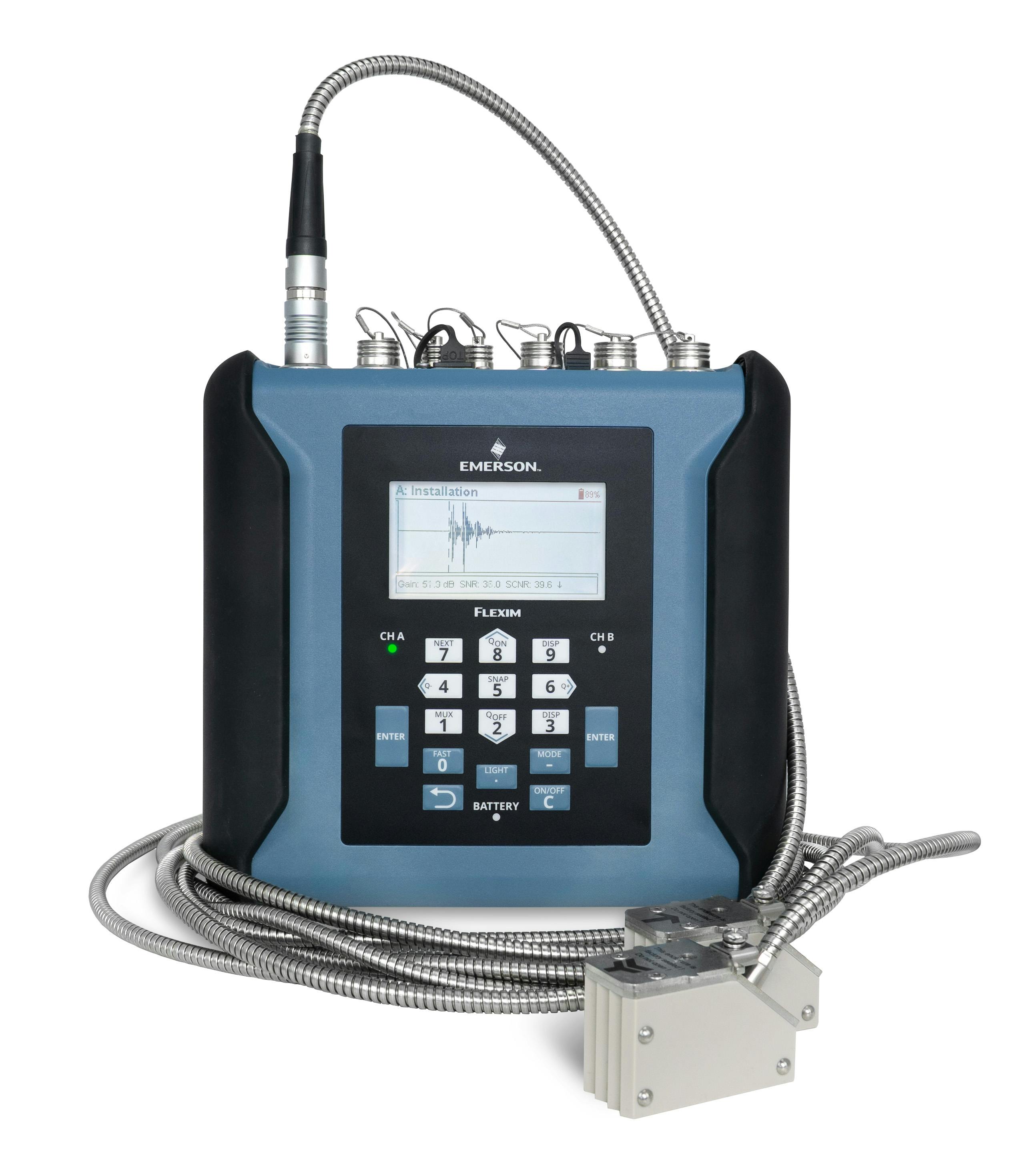 Flexim Fluxus 631 portable, non-intrusive, clamp-on, ultrasonic flowmeters. Source: Emerson