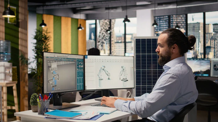 Sustainability RD expert uses CAD program on PC to design production lines for solar panel assembly.