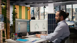 Sustainability RD expert uses CAD program on PC to design production lines for solar panel assembly.