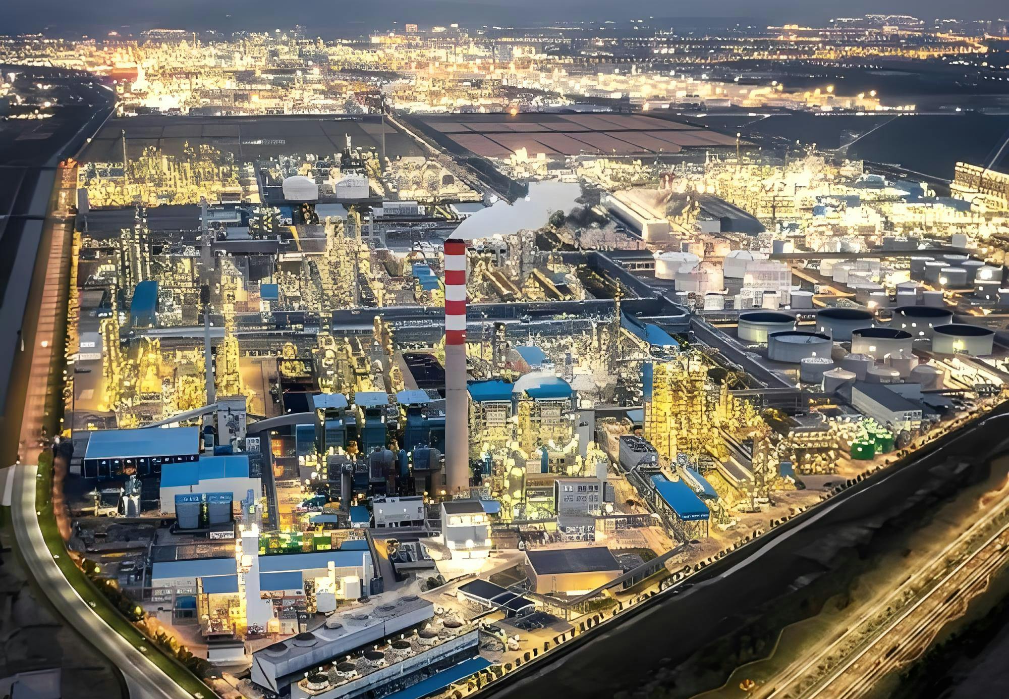 Aerial view of Zhejiang Petroleum & Chemical facility and the surrounding urban cityscape.