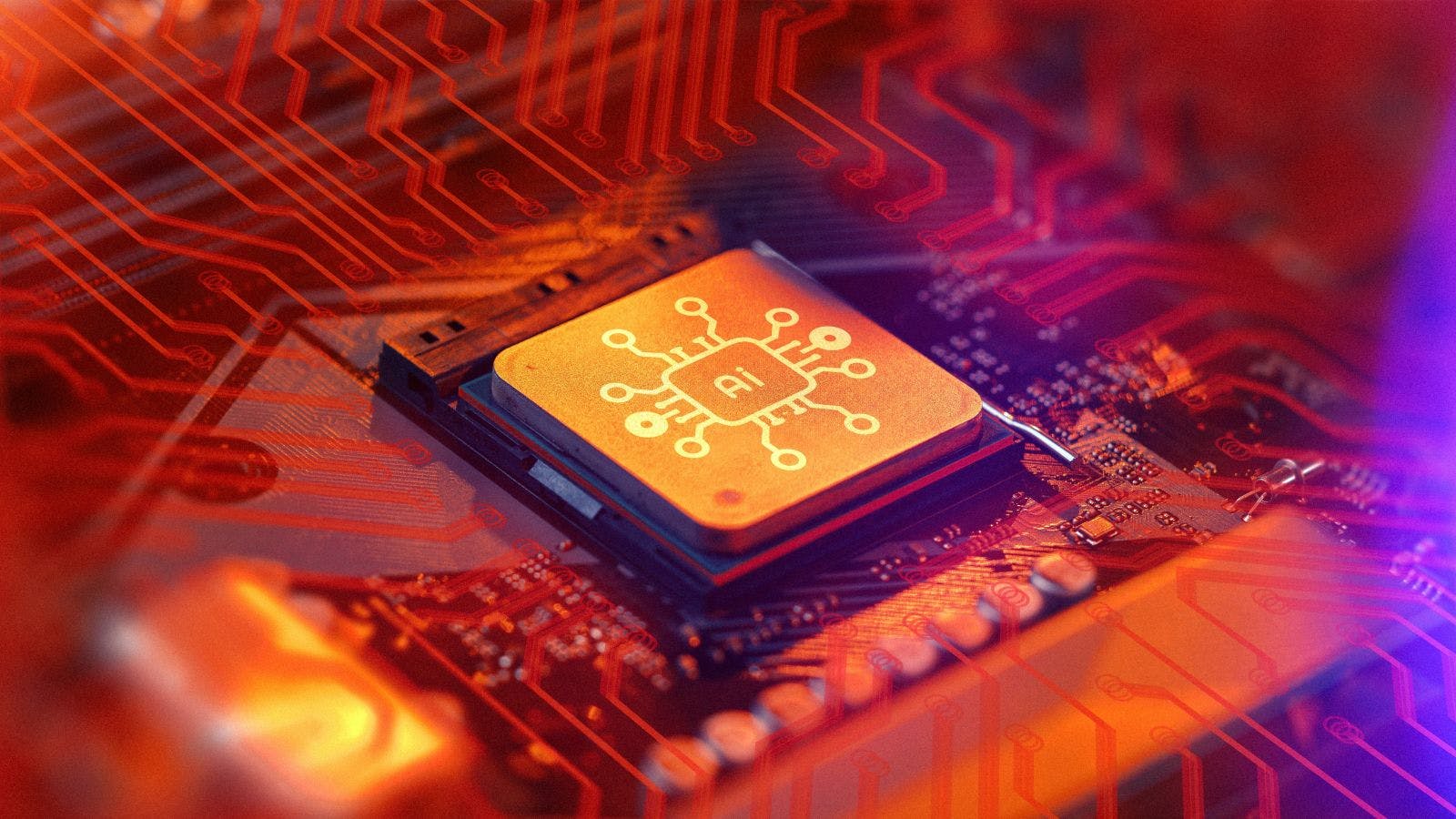 AI technology is represented on a computer chip with circuit patterns in bright colors