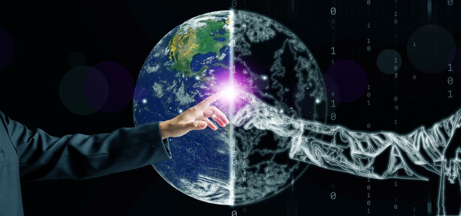 Businessperson connecting with AI hologram on Earth, representing digital twins innovation, data integration, and smart technology bridging humanity and digital intelligence.